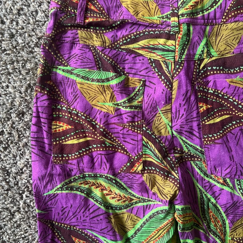 Zara Purple Leaf-Print Flared linen Pants S